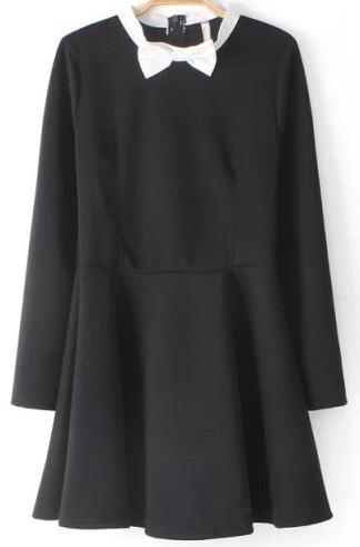 Romwe Black Bow Collar Long Sleeve Loose Dress
