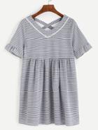Romwe Grey Striped Criss Cross Lace Trim Dress