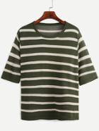 Romwe Army Green Striped T-shirt