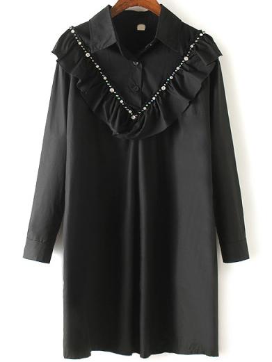 Romwe Ruffle Beaded Black Shirt Dress