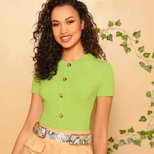 Romwe Buttoned Front Rib-knit Tee