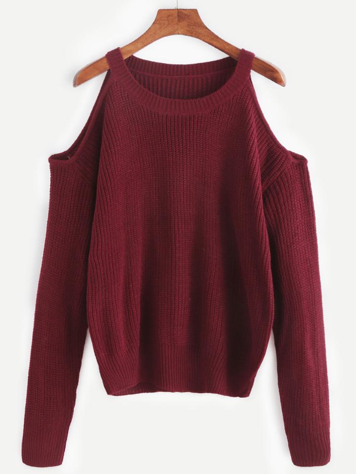 Romwe Burgundy Open Shoulder Knit Sweater