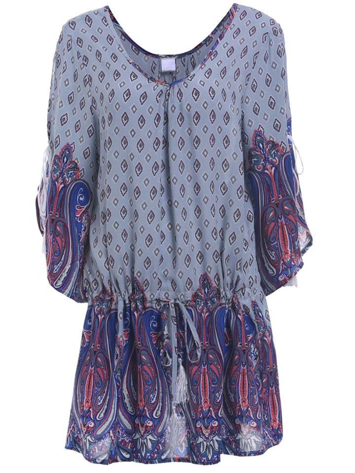 Romwe Butterfly Sleeve Tribal Print Grey Dress
