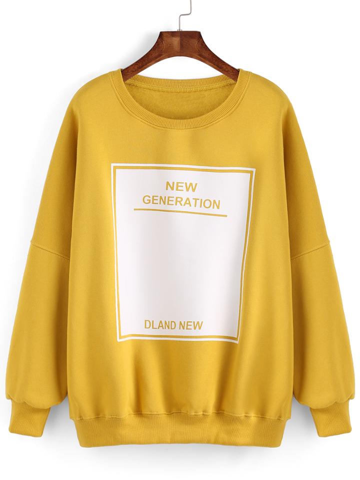 Romwe Round Neck Letter Print Loose Yellow Sweatshirt