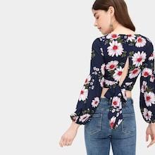 Romwe Knot Back Floral Print Blouse