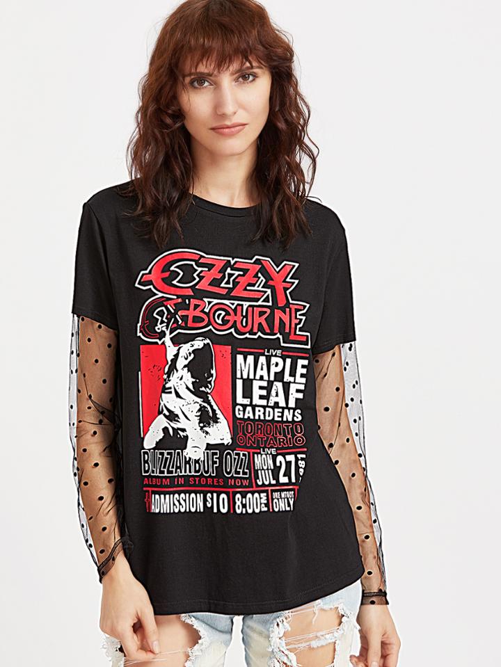 Romwe Black Graphic Print Polka Dot Mesh Sleeve T-shirt