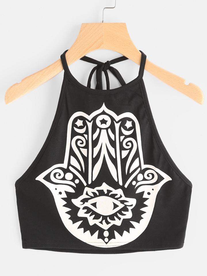 Romwe Printed Crop Halter Top