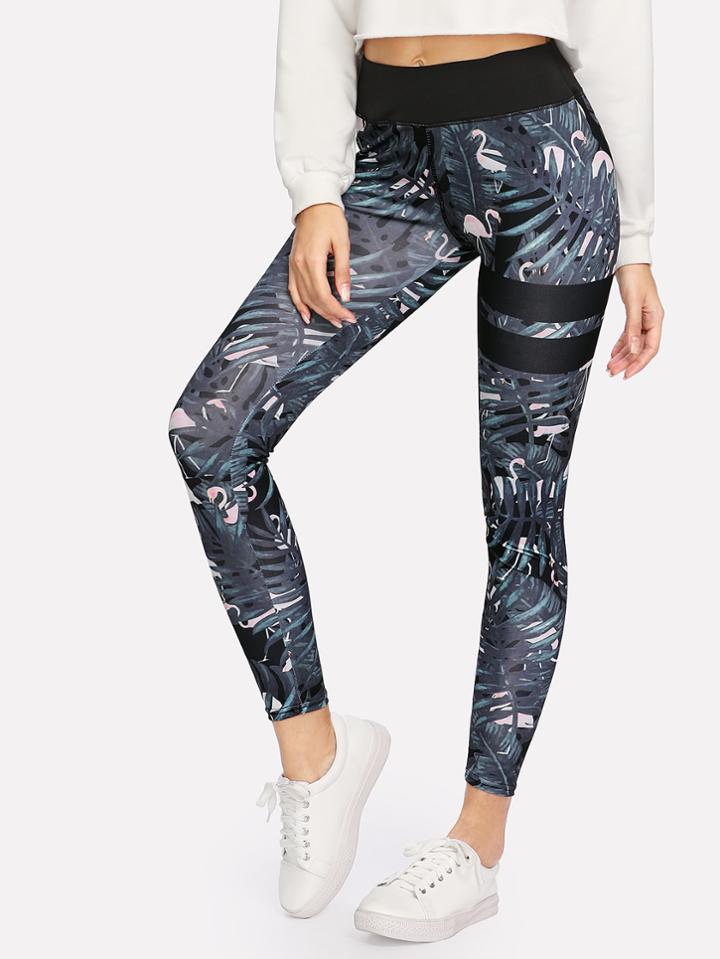 Romwe Flamingo Print Varsity Striped Leggings