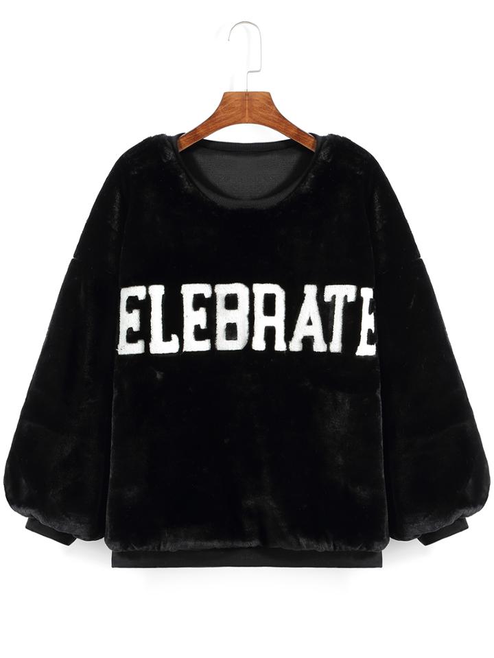Romwe Letter Patterned Loose Black Sweatshirt