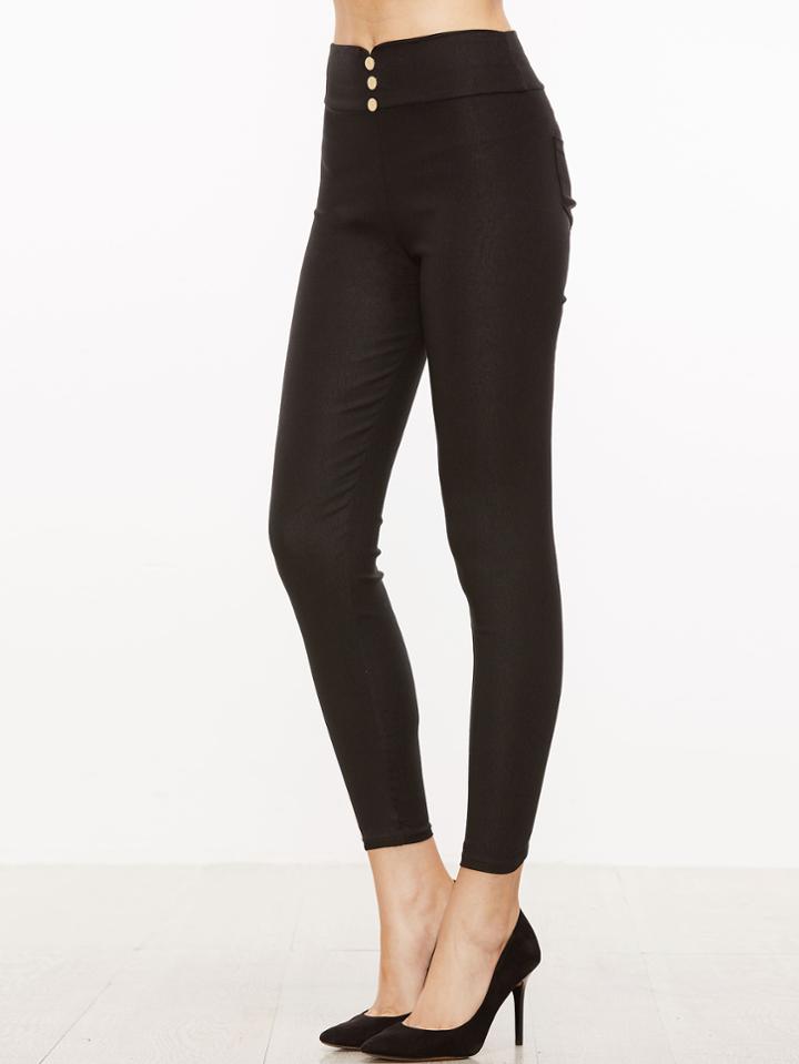 Romwe Black High Waist Button Embellished Skinny Pants