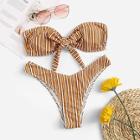 Romwe Striped Ruched Bandeau With High Cut Bikini Set