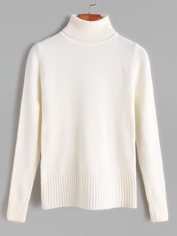 Romwe Beige Turtleneck Ribbed Trim Sweater