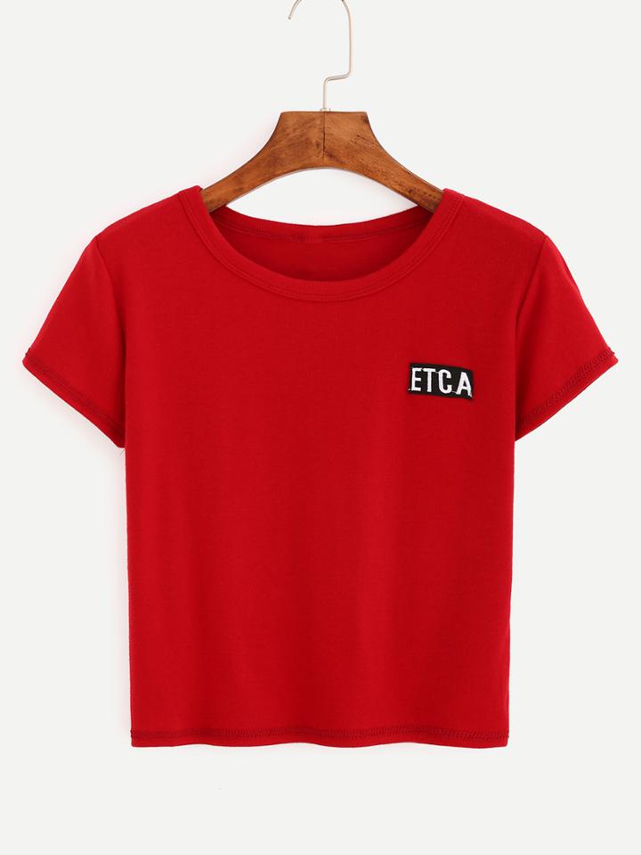 Romwe Letter Embroidered Crop T-shirt - Red