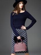 Romwe Navy Round Neck Long Sleeve Knit Two-pieces Dress