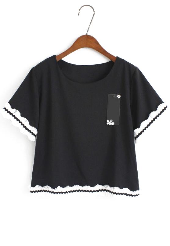 Romwe Contrast Sleeve Black T-shirt