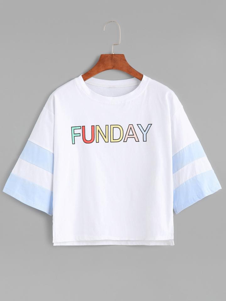 Romwe White Contrast Sleeve Letter Print High Low T-shirt