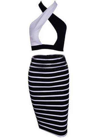Romwe Halter Hollow Crop Top With Striped Bodycon Dress