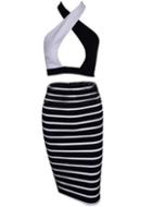 Romwe Halter Hollow Crop Top With Striped Bodycon Dress
