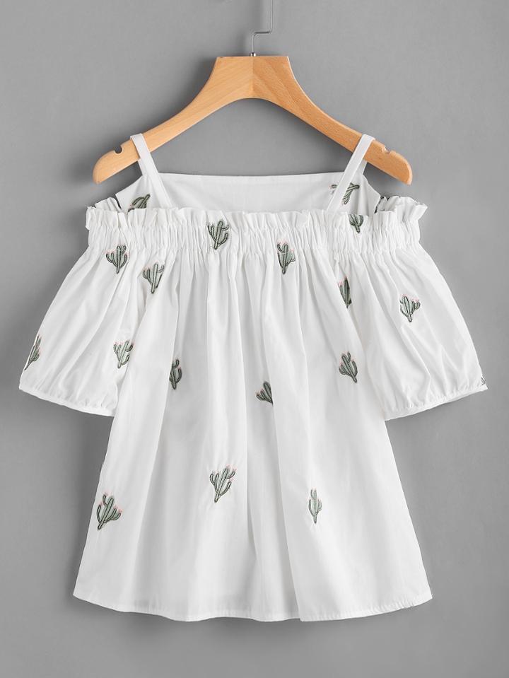 Romwe Cold Shoulder Cactus Embroidered Top