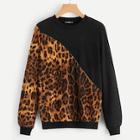Romwe Cut-and-sew Leopard Print Ribbed Knit Sweatshirt