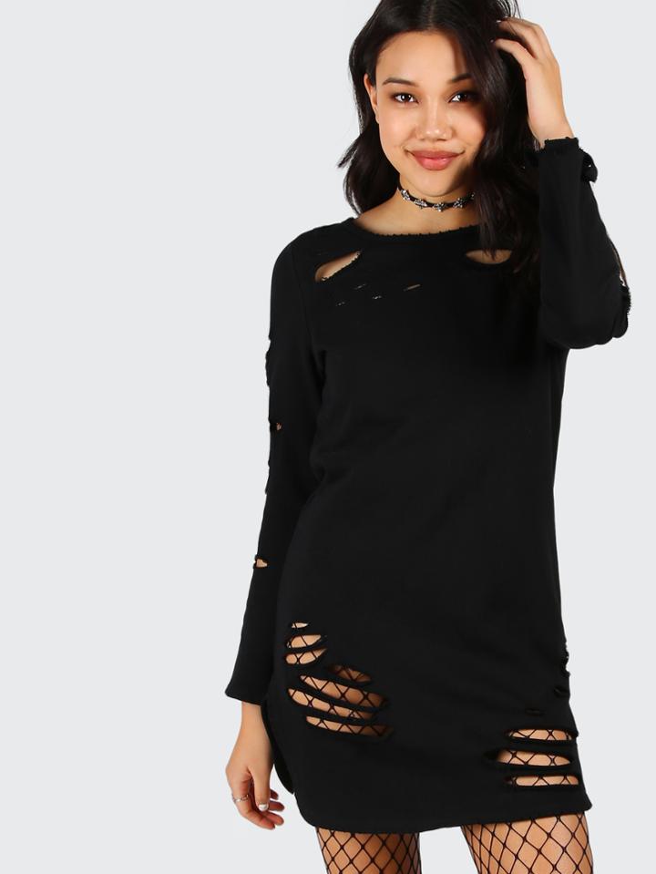 Romwe Black Long Sleeve Distressed Tee Dress
