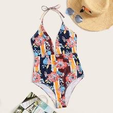 Romwe Random Floral & Striped Low Back One Piece Swim