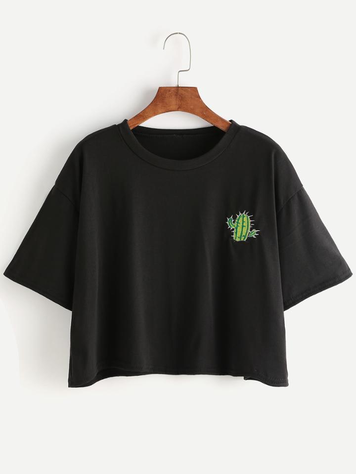 Romwe Black Cactus Embroidery Drop Shoulder Crop T-shirt