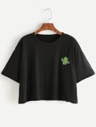Romwe Black Cactus Embroidery Drop Shoulder Crop T-shirt
