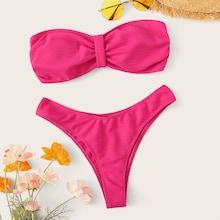 Romwe Knot Back Textured Bandeau Bikini Set