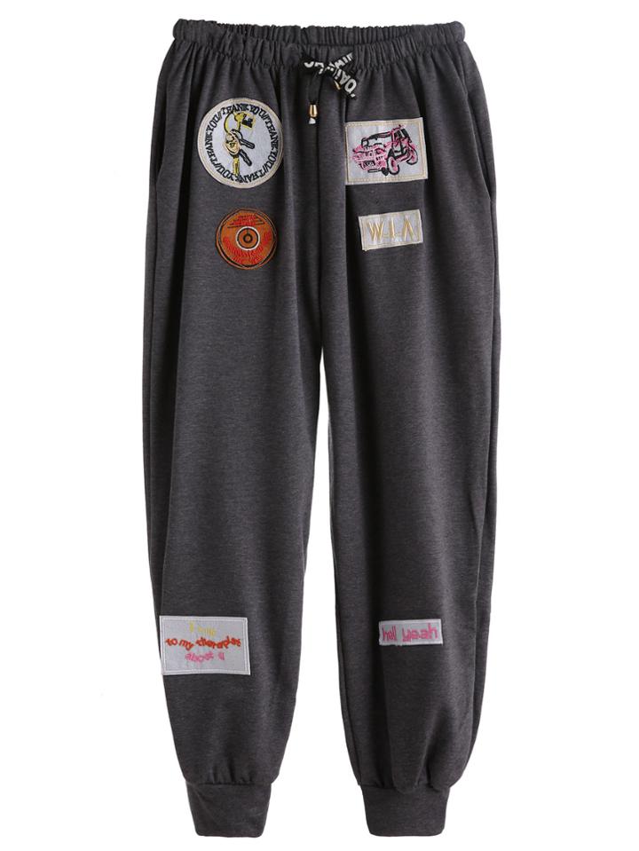 Romwe Grey Embroidery Patches Drawstring Pants