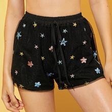 Romwe Contrast Sequin Mesh Drawstring Waist Shorts