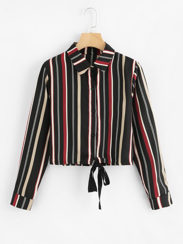 Romwe Drawstring Hem Striped Shirt