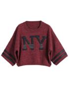 Romwe Black Ny Print Crop Knit Wine Red Sweater