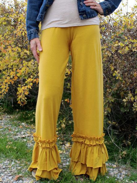Romwe Yellow Layered Ruffle Hem Wide Leg Pants