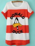 Romwe Donald Duck Print Orange And White T-shirt