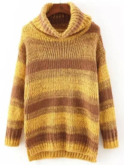 Romwe Turtleneck Striped Dip Hem Yellow Jumper