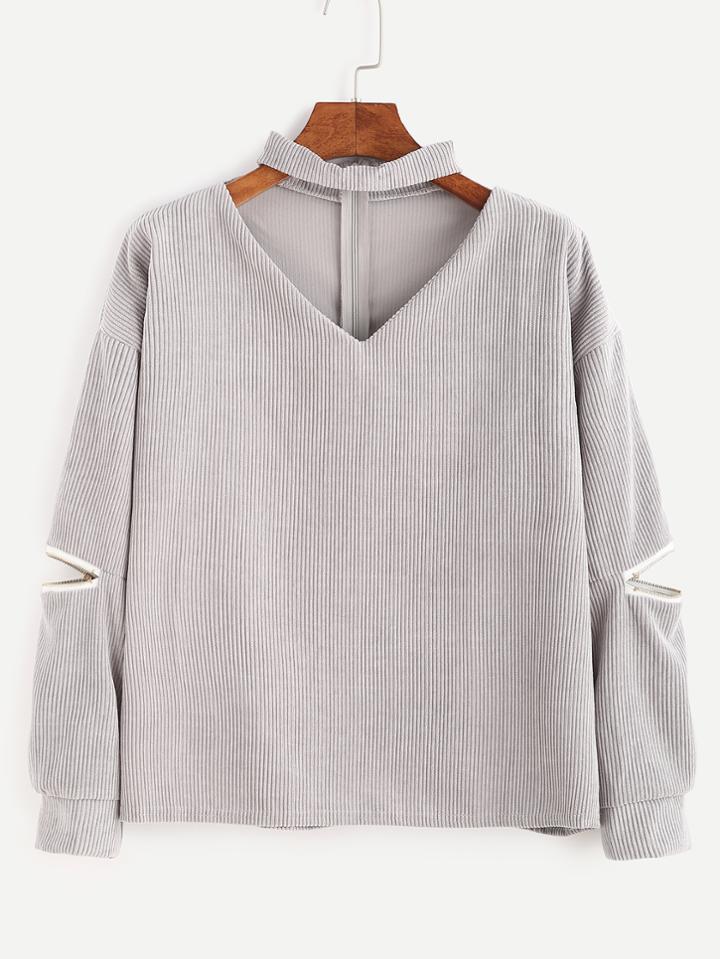 Romwe Grey Cut Out Mock Neck Zipper Corduroy Blouse