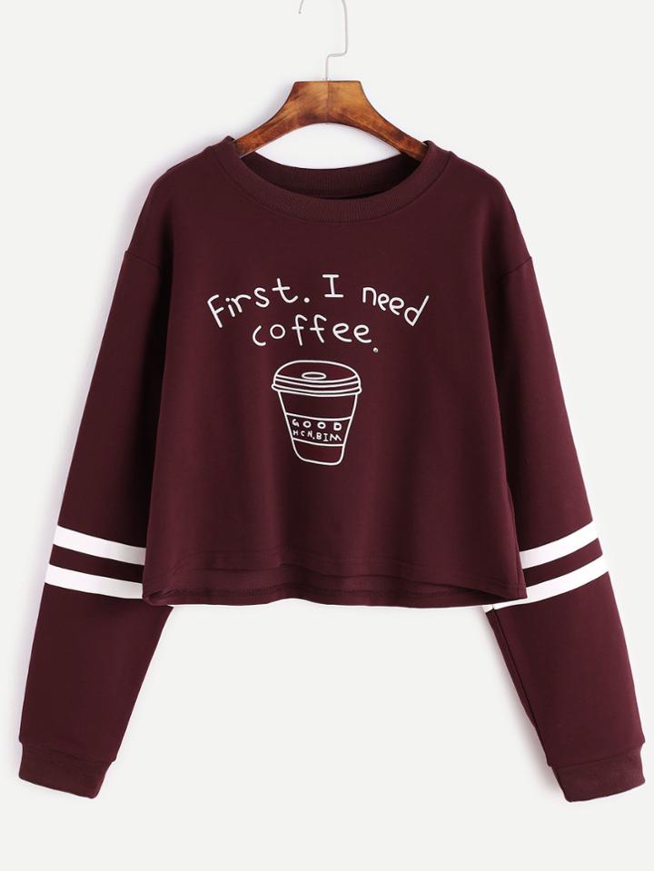 Romwe Burgundy Printed Striped Trim Crop Sweatshirt