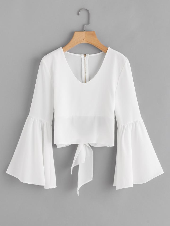 Romwe Flare Sleeve Bow Tie Back Blouse