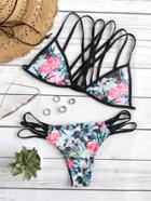 Romwe Contrast Trim Floral Print Strappy Bikini Set