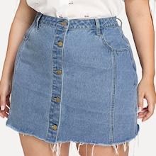 Romwe Plus Raw Hem Button Through Denim Skirt