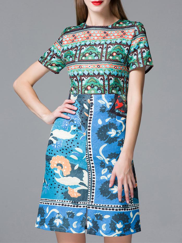 Romwe Colorful Short Sleeve Jacquard Sheath Dress