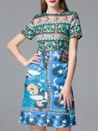 Romwe Colorful Short Sleeve Jacquard Sheath Dress