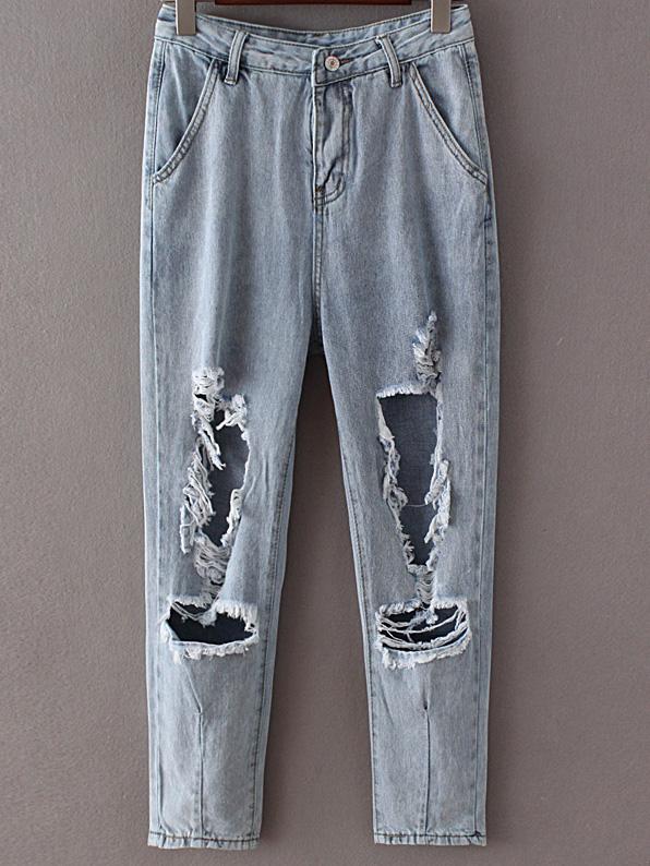 Romwe Light Blue Pockets Rippped Hole Denim Pants