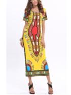 Romwe Yellow Tribal Print Long Dress