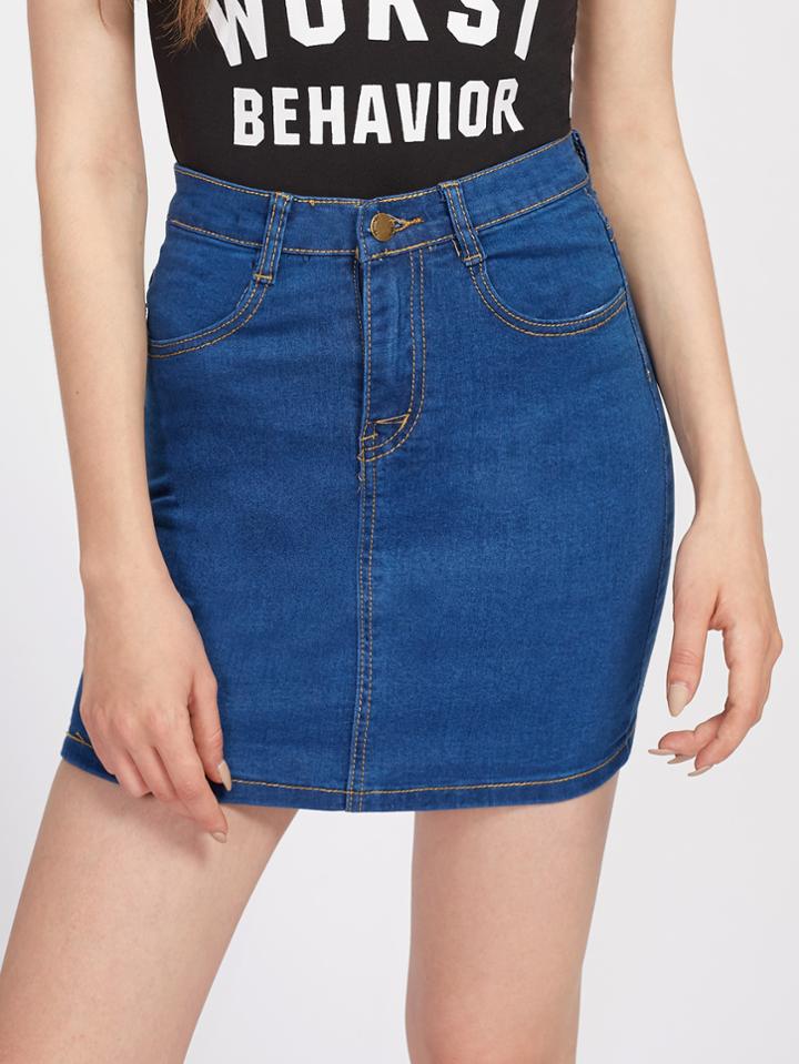 Romwe Zip A Line Denim Skirt