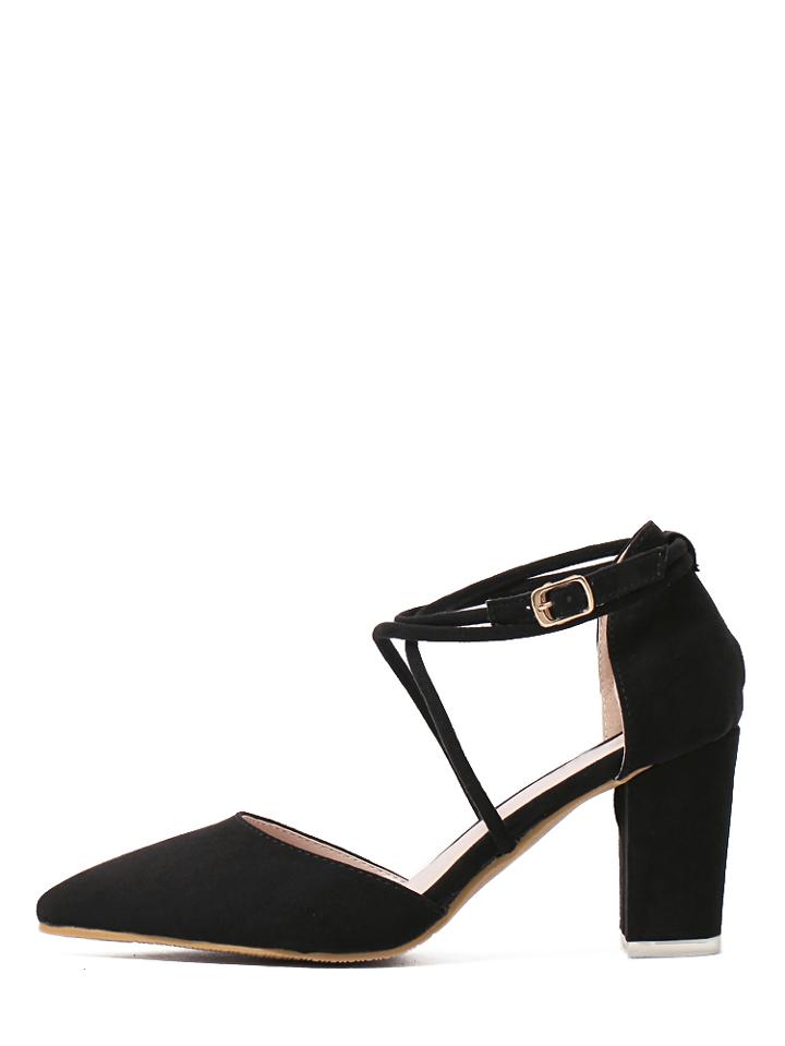 Romwe Black Faux Suede Block Crisscross Strappy Chunky Pumps