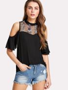 Romwe Embroidered Mesh Neck Cold Shoulder Top
