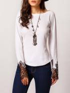 Romwe Beige Scoop Back Contrast Lace Cuff T-shirt