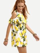 Romwe Open Shoulder Ruffled Lemon Print Dress - Yellow